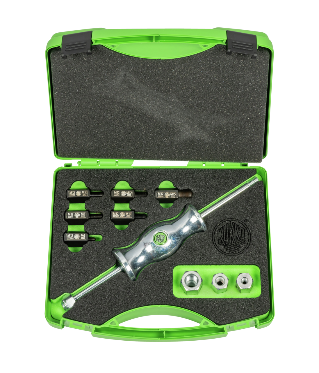 kukko ks-22-02 sliding hammer sets in the case with thread adapters in various sizes (m6, m8x1, m10, m10x1, m15x1.5) for pulling plugs and components with threads (dowel pins, key stock, bolts, etc