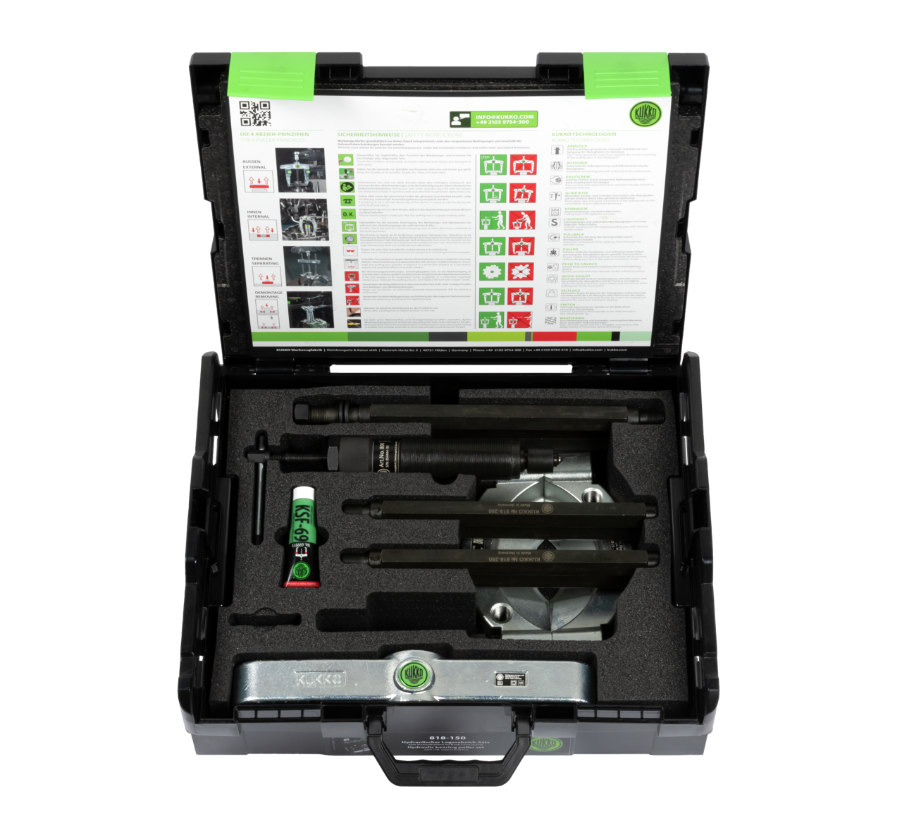 kukko 818-150 hydraulic bearing puller set for pulling ball bearings, roller bearings, inner rings, and other flush-mounting parts in crafts, indus