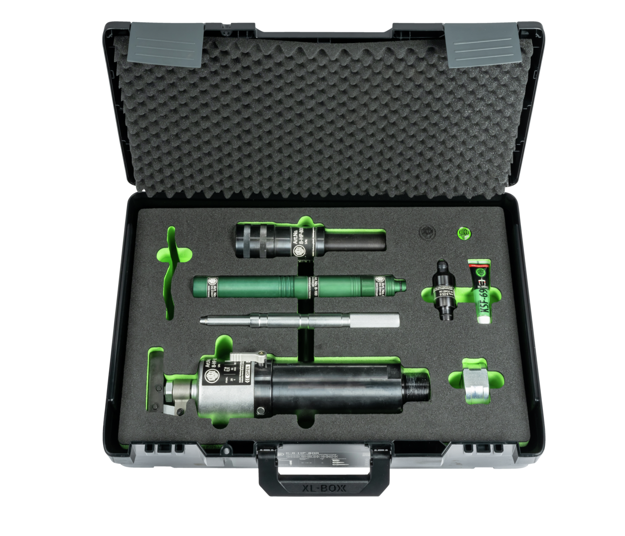 kukko k-8-hp-800 hydraulic spindle with hand lever operation in the case, up to 20 t t tension force (thread size ) for pulling off particularly stubborn bearings, gears, and discs with a pulling force of up to 21 t