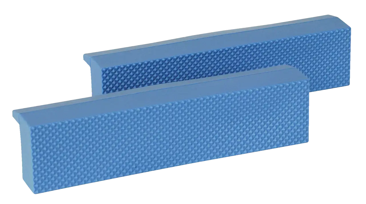Textured blue plastic vise jaw pads for shop tool protection