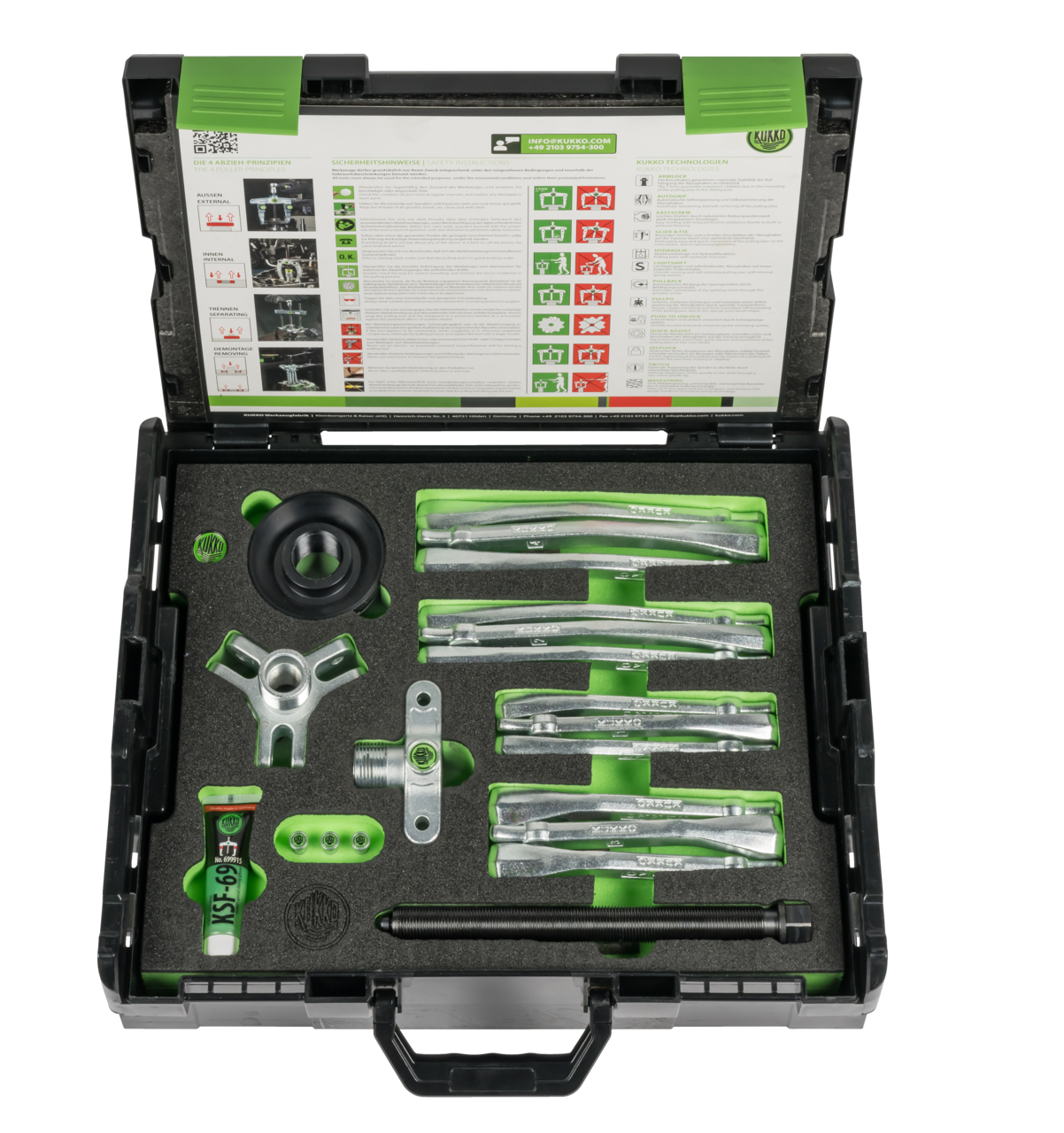 kukko k-220-221-a puller set for universal puller applications in the case, up to 150 mm spread for universal puller applications of the k-220-221 series is used for centric pulling of bearings, gears