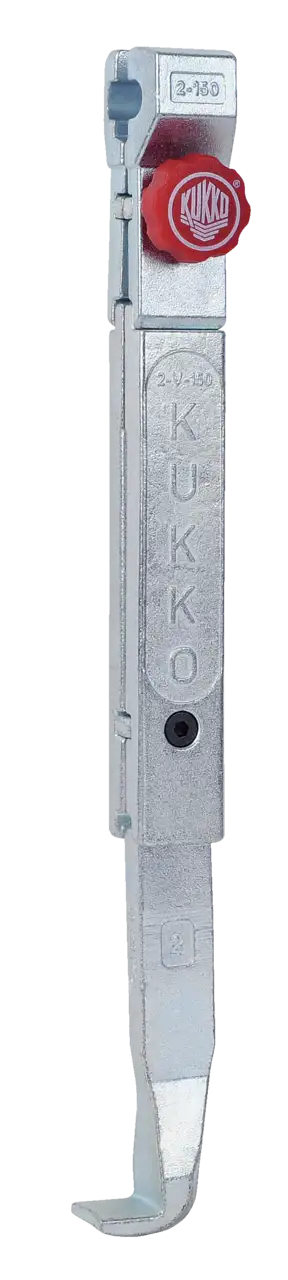 Metal Kukko puller arm with red adjustment knob, industrial tool for gear removal
