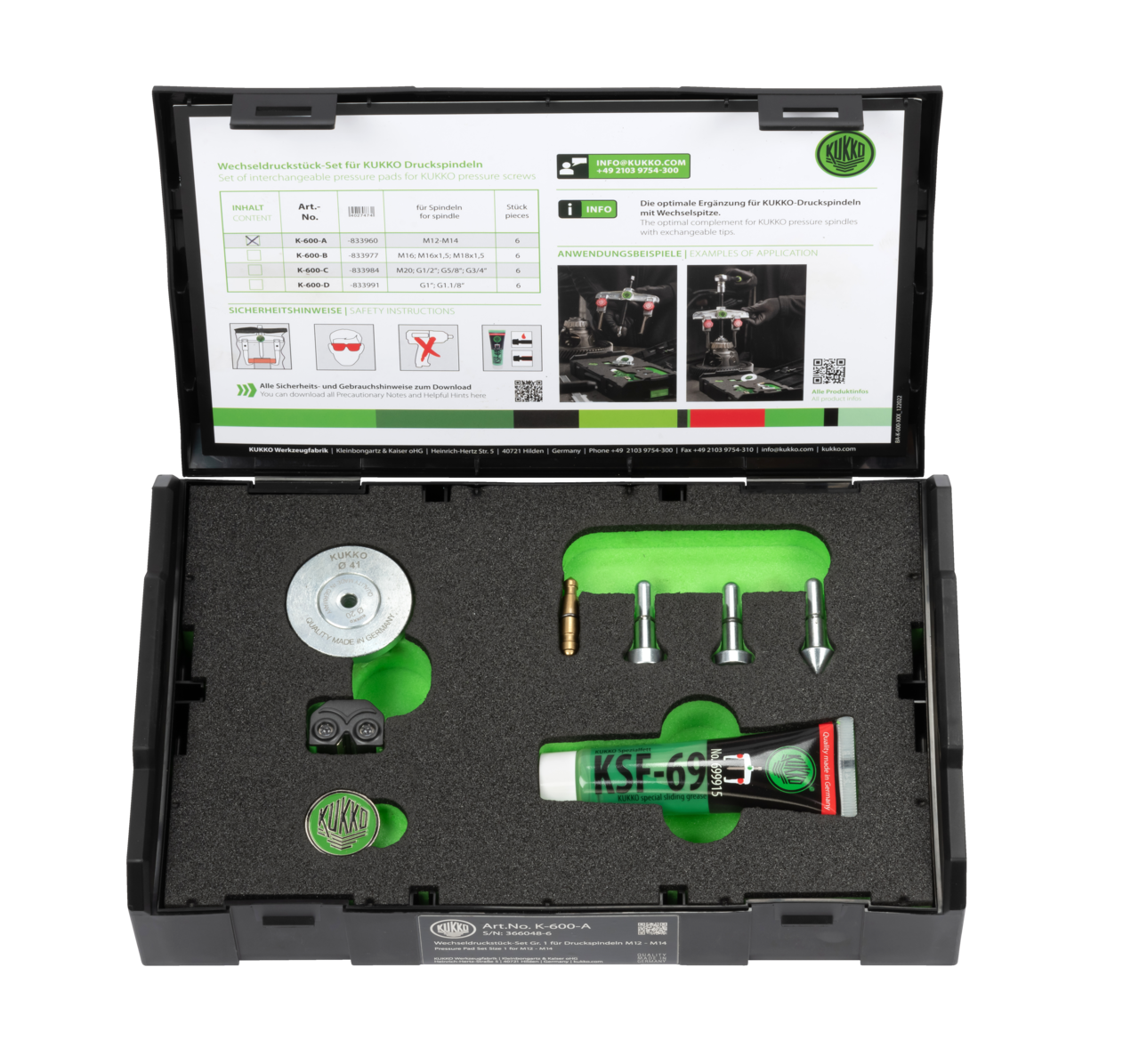 kukko k-600-a wechseldruckstück-set ø 20; 32; 41 mm (m12 - m14) for kukko pressure spindles with interchangeable tips and can be used for any mounting position