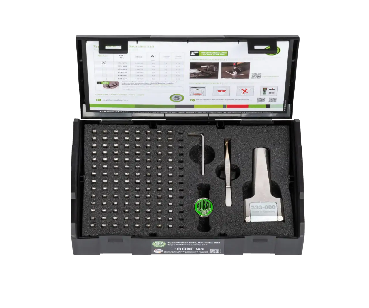 Metal letter and number stamping kit with case, foam insert, tools, and instruction sheet