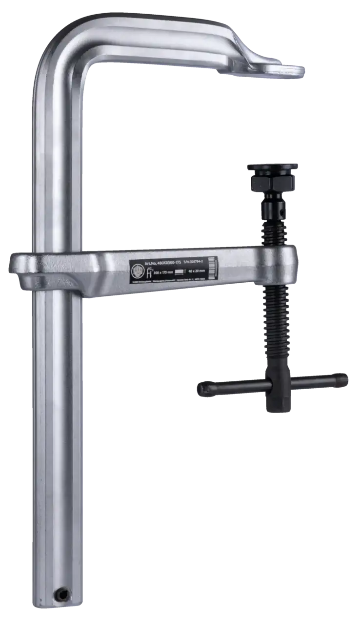 Heavy-duty steel F clamp with adjustable screw, ideal for industrial workholding