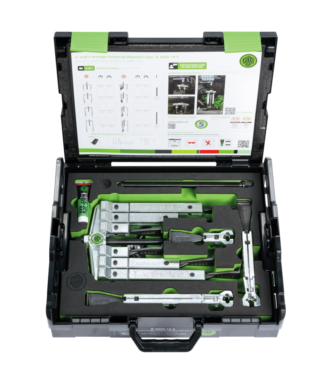kukko k-2030-10-s 2-, 3-jaw universal puller set with narrow puller jaws (20-10-s, 614250, 30-10-t, 1-191-s, 1-251-s) for 2-jaw and 3-jaw pulling of bearings, gears, discs, etc