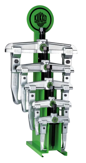 Display stand with assorted Kukko gear pullers for industrial tool storage