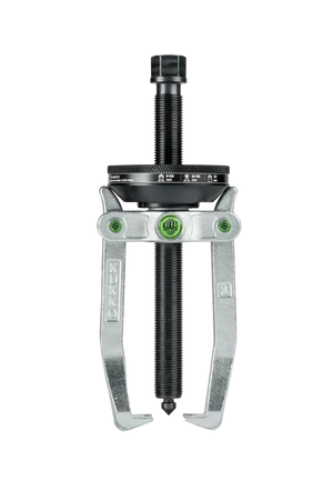 Two-jaw gear puller tool with adjustable arms and threaded central shaft, silver and black.