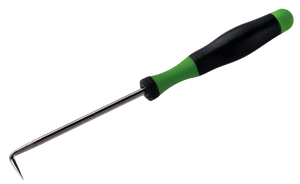 L-shaped pick tool with green and black ergonomic handle for industrial use