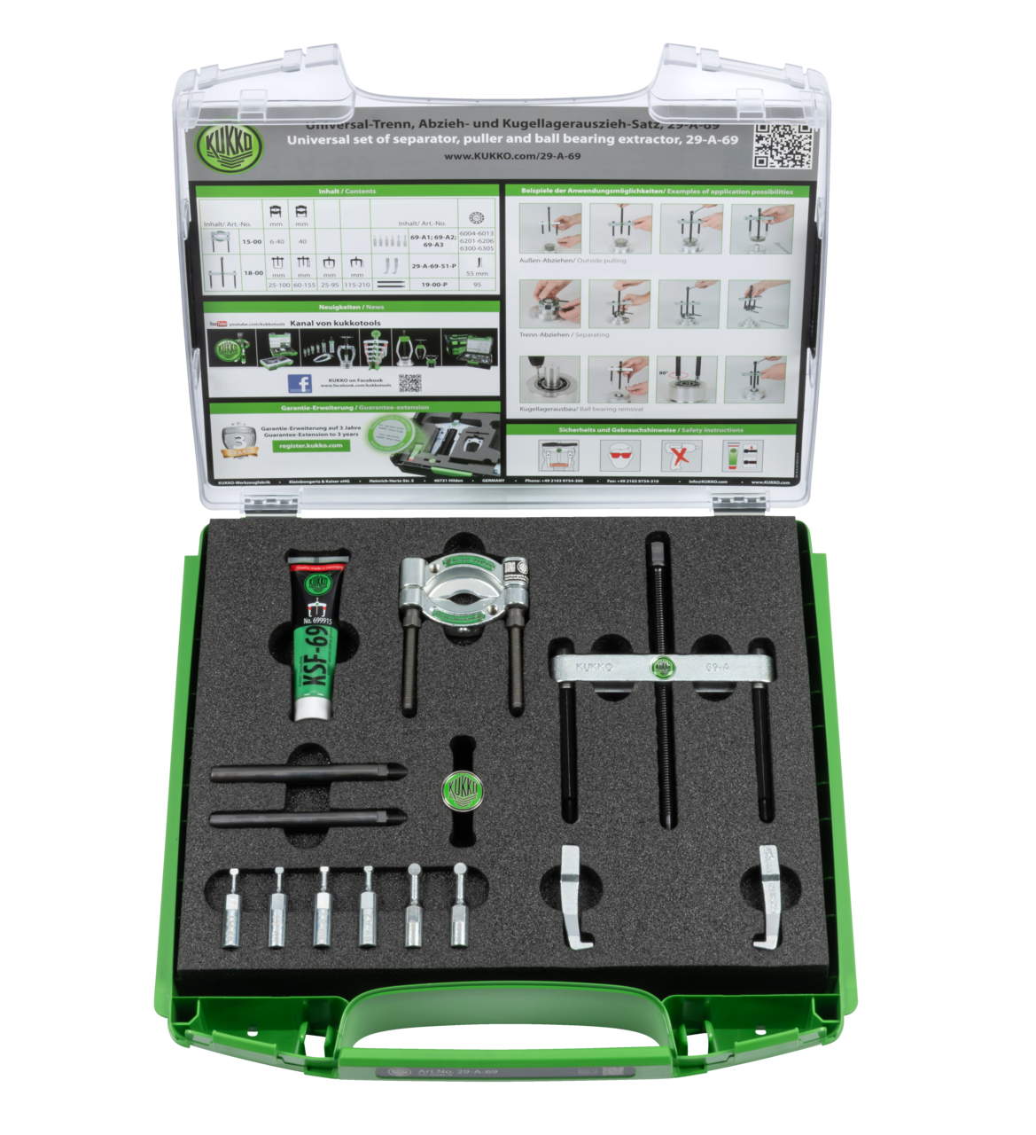 kukko 29-a-69 universal puller set for easy and trouble-free removal of bearings, drums, discs, pole wheels, and similar parts on motorcycl