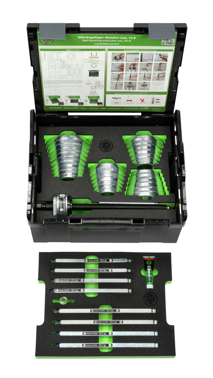 kukko 70-b ball bearing puller sets for large deep groove ball bearings for non-destructive removal of deep groove ball bearings without dismantling the shaft in craft, industr