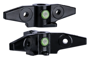 Black metal industrial tool part with round mounting holes and green center logo, isolated on white