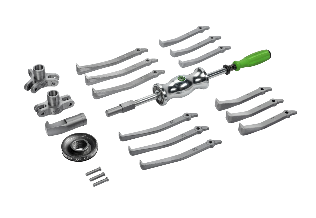kukko 224-178 puller set with sliding hammer, up to 150 mm spread, 170 mm reach, 21-piece for centric removal of bearings, gears, and discs in all common sizes for crafts, workshops, and industr