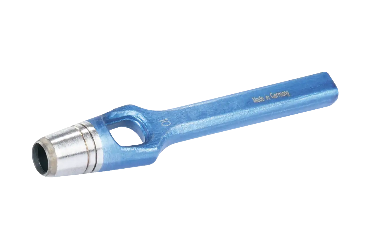 Blue metal gasket cutter tool with round cutting blade, industrial workshop equipment