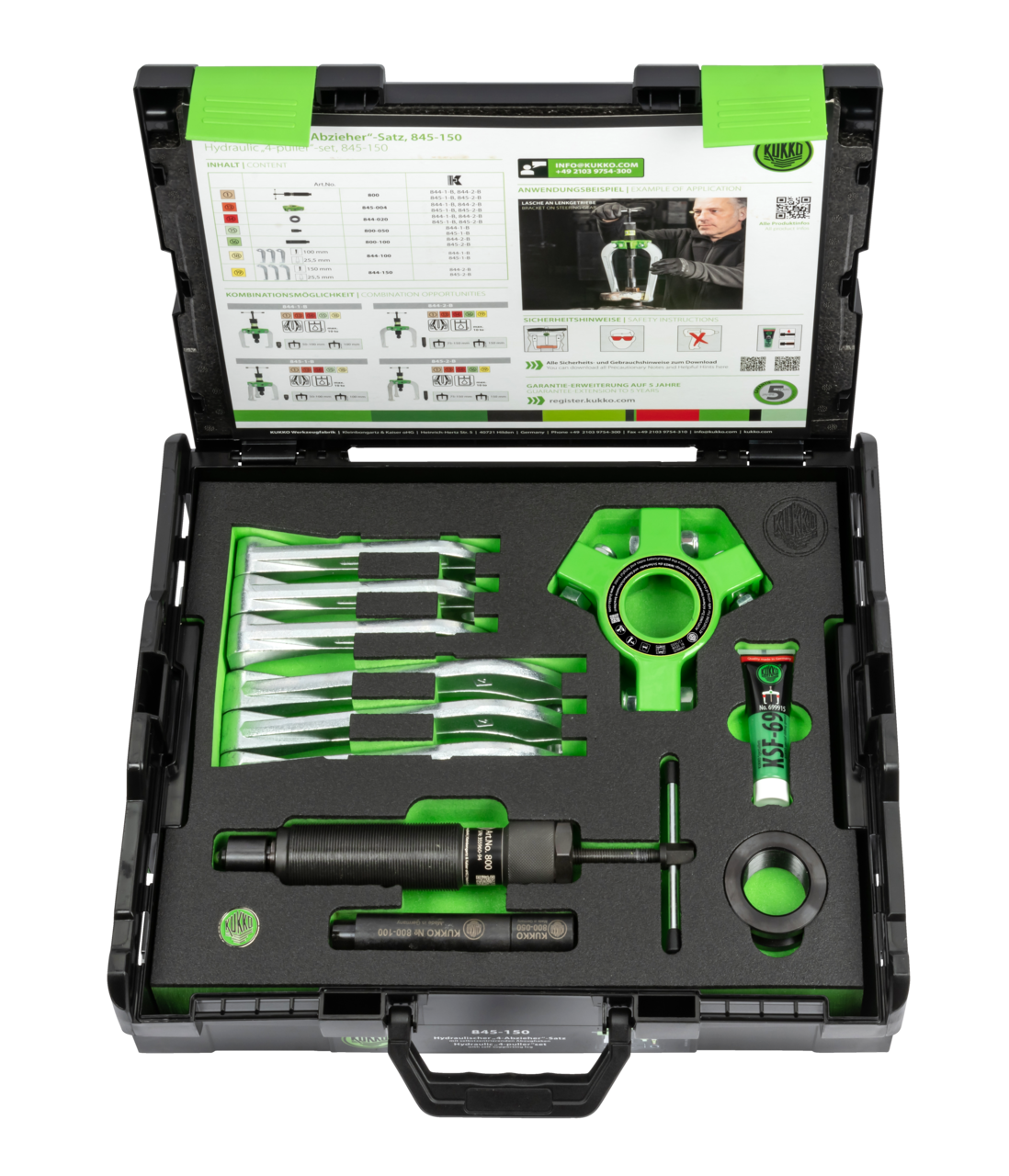 kukko 845-150 hydraulic 4 puller set 50-150 x 150 mm / 10 ton with self-centering puller jaws for pulling bearings, gears, discs, etc