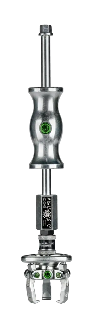 Heavy-duty metal slide hammer puller tool with three-jaw gripping mechanism, close-up