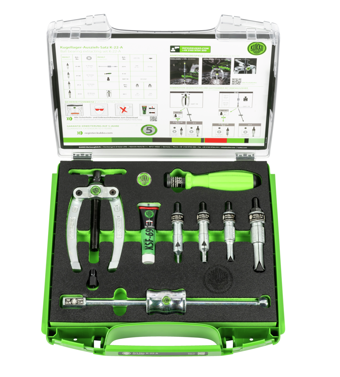 kukko k-22-a ball bearing puller set ø 6-30 mm for pulling internal bearings, bearing outer rings, and bushings in crafts, workshops, and industry