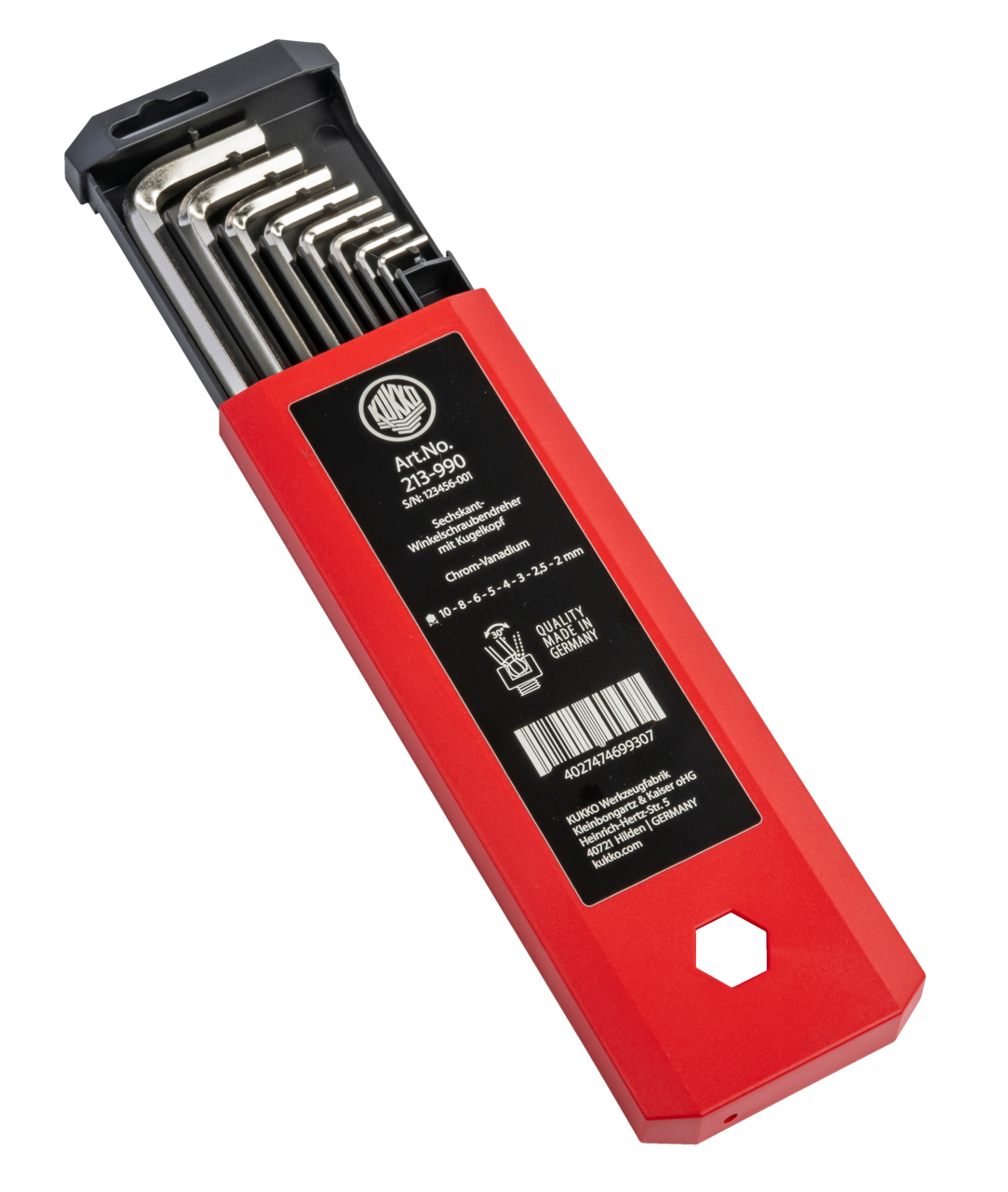 kukko 213-990 long allen key screwdriver set with ball head, 2, 3, 4, 5, 6, 8, 10 mm key sizes for operating hard-to-reach screw heads in workshops, industry, and craftsmanship