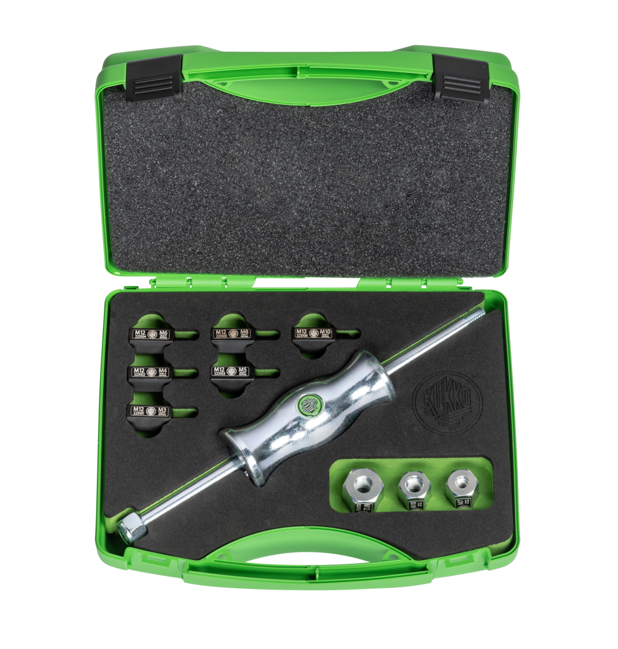 kukko ks-22-01 slide hammer sets in a case with thread adapters in various sizes for pulling bushings as well as components with threads (dowel pins, key profiles, bolts, etc