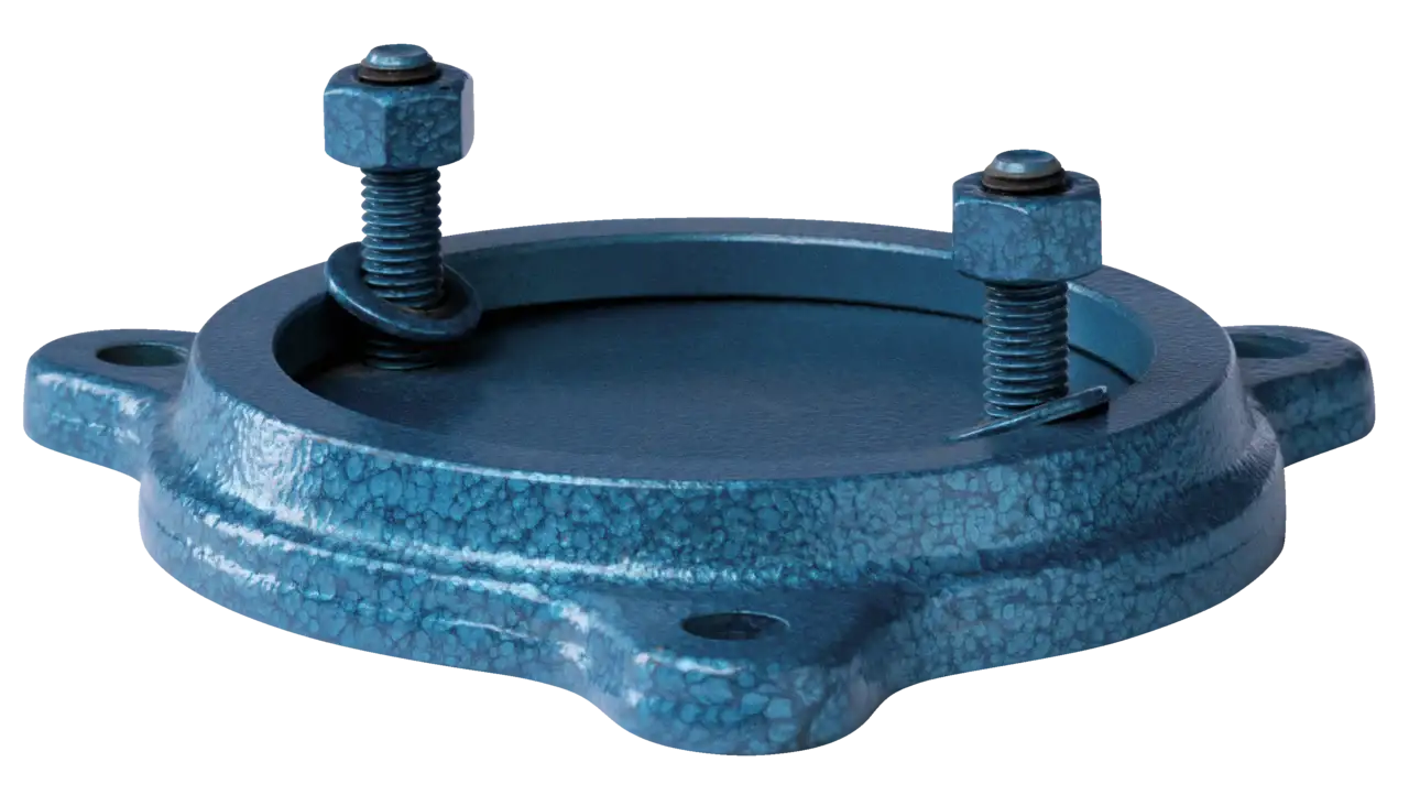 Industrial blue cast iron flange with two bolts and washers, used for power transmission