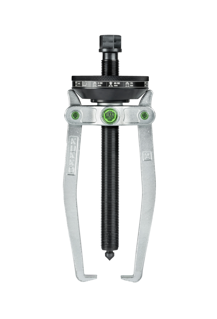 kukko 220-2 2-jaw puller with conical self-tensioning, up to 150 mm spread, 170 mm reach for concentric removal of bearings, gears, and discs in all common sizes for crafts, workshops, and indu