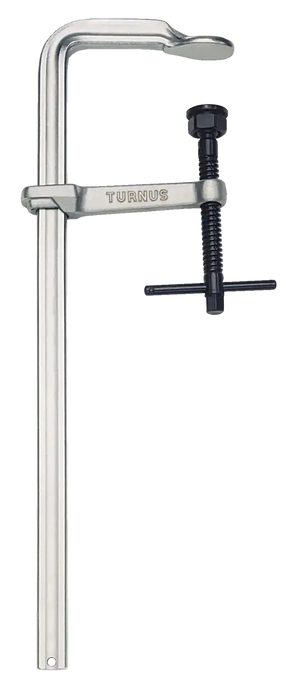 Heavy duty steel F-clamp with TURNUS branding, used for shop tools and woodworking