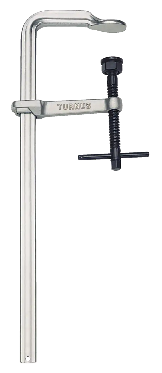 Heavy duty steel F-clamp with TURNUS branding, used for shop tools and woodworking