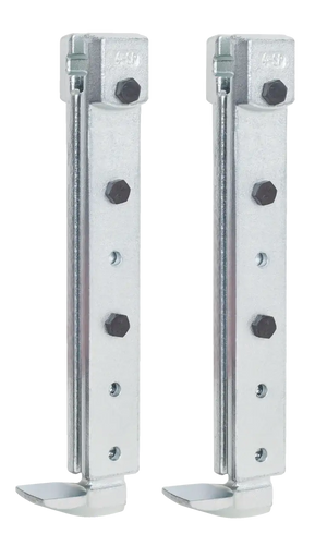 Pair of heavy-duty adjustable metal leveling feet for industrial shop equipment