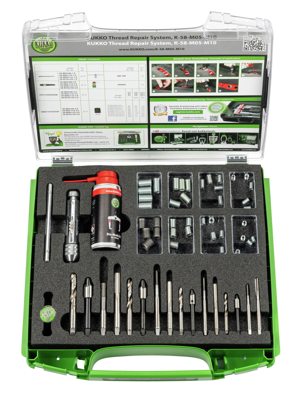 kukko k-58-m05-m10 kukko-thread-repair-set (m5x7,6, m5x10, m6x9,4, m6x12, m8x11,7, m8x16,2, m10x14, m10x20) for restoring high-load screw connections in torn internal threads, as well as for repairing defective a