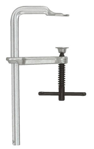 Heavy-duty metal F-clamp tool with adjustable screw handle for woodworking or metalworking