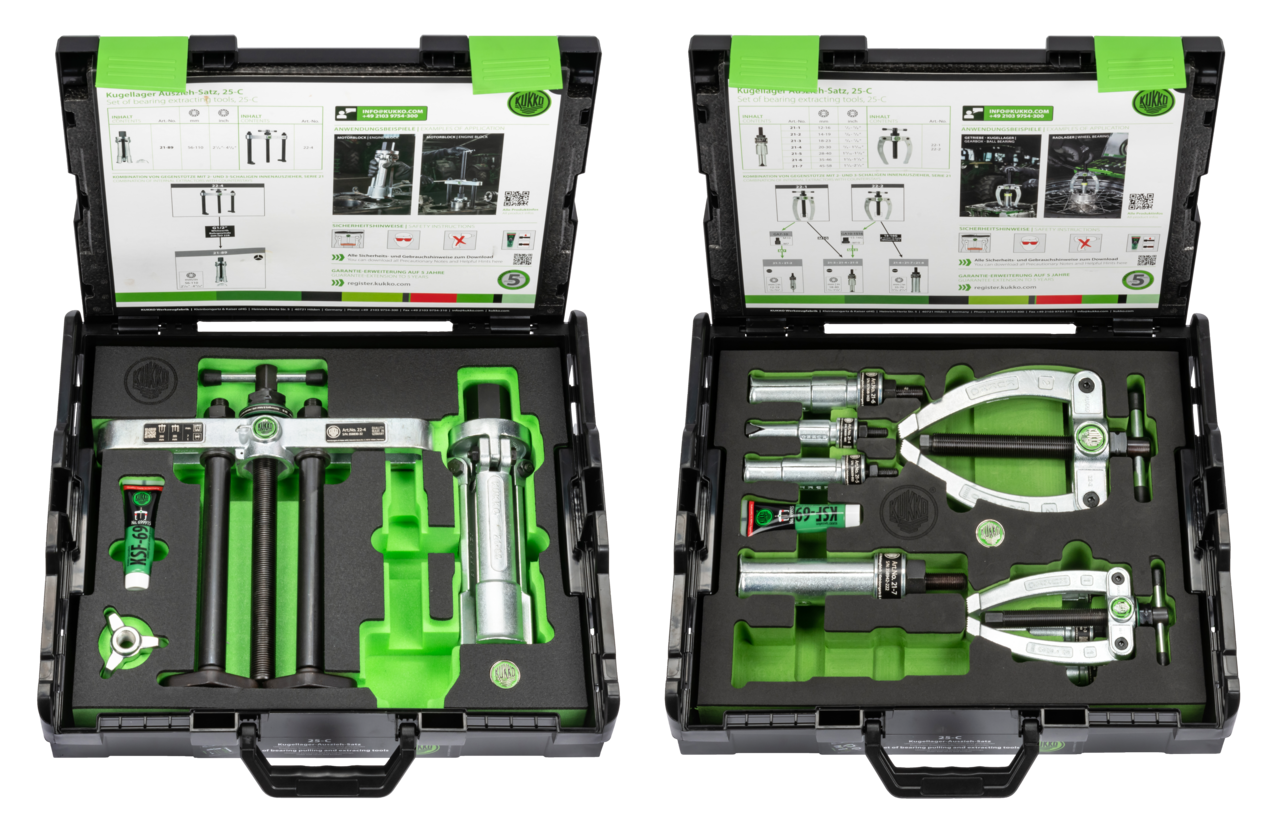 kukko 25-c ball bearing extractor set with counter stay ø 12-110 mm for removing internal bearings, bearing outer rings, and bushings in crafts, industry, and workshops