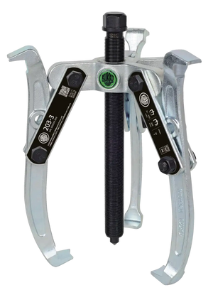 Three-jaw gear puller tool with metal arms and central threaded bolt for industrial use