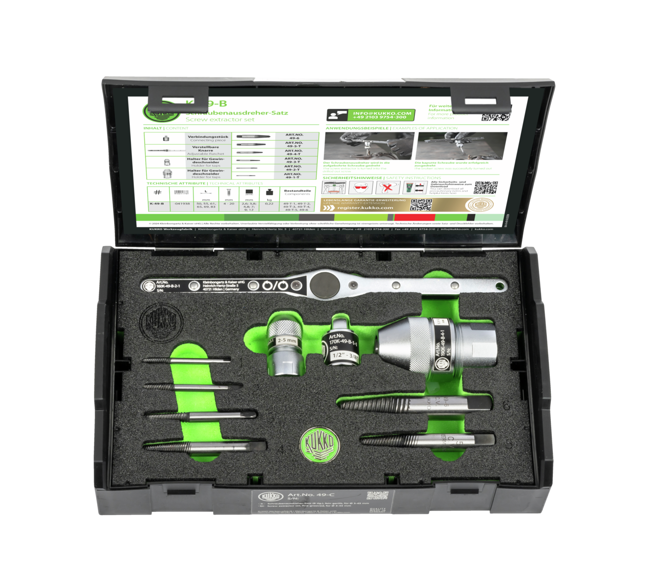 kukko k-49-b screw extractor set in case 10-piece for ø 4 - 20 mm for extracting broken bolts and screws with right-hand thread