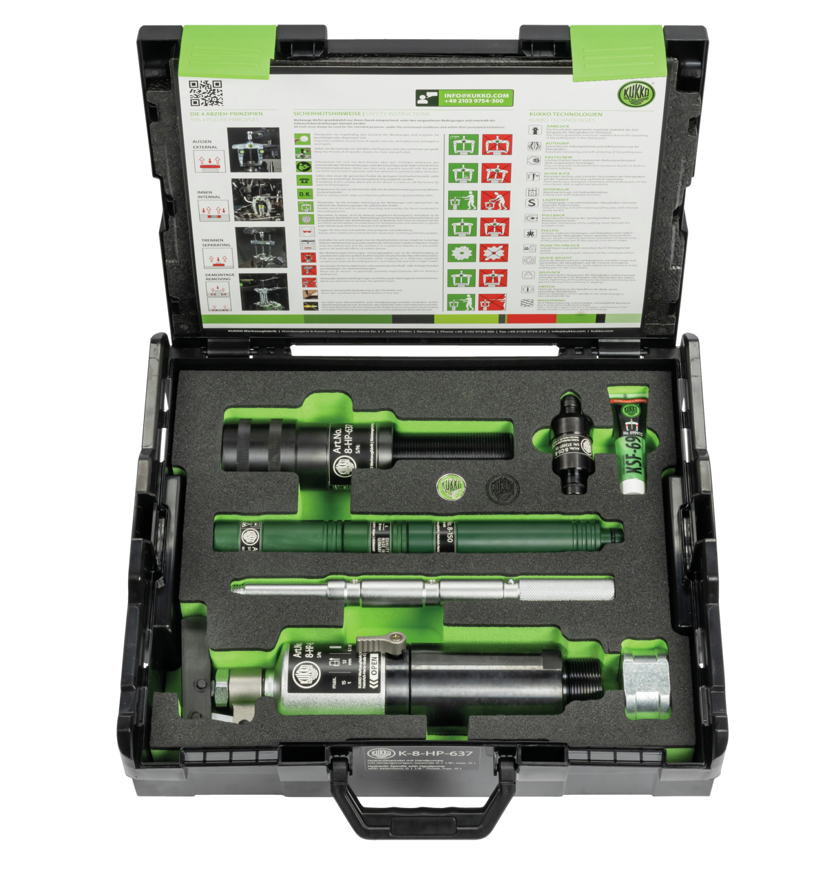 kukko k-8-hp-637 hydraulic spindle with hand lever operation in the case, up to 15 t t tension force (thread size ) for pulling off particularly stubborn bearings, gears, and discs with a pulling force of up to 21 t
