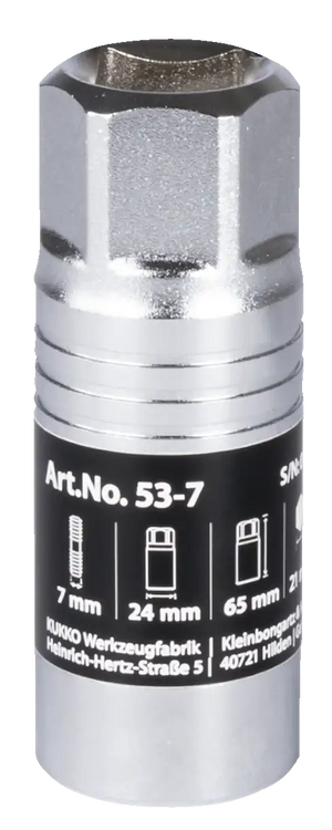 Chrome vanadium hex socket, 7mm, with product specifications and technical label visible