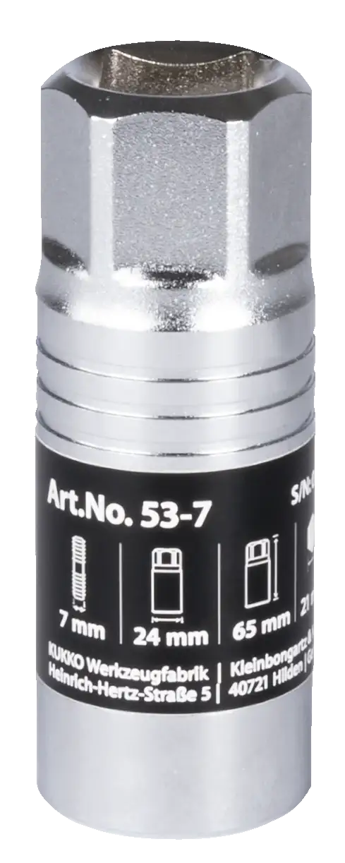 Chrome vanadium hex socket, 7mm, with product specifications and technical label visible