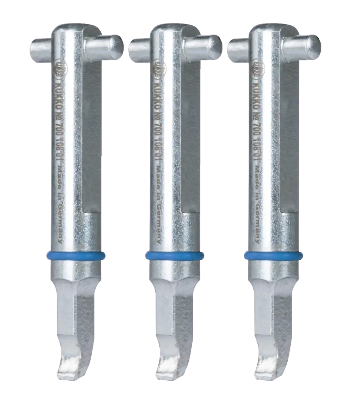 Set of three metal bearing puller arms with blue rings for industrial tool use