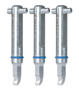 Set of three metal bearing puller arms with blue rings for industrial tool use