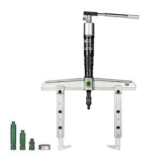Hydraulic bearing puller tool with metal frame and interchangeable green adapters