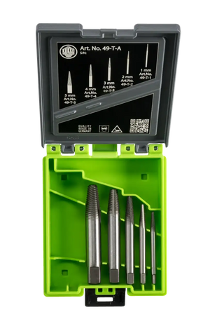 Metal screw extractor set in green plastic case, five sizes, industrial hand tools