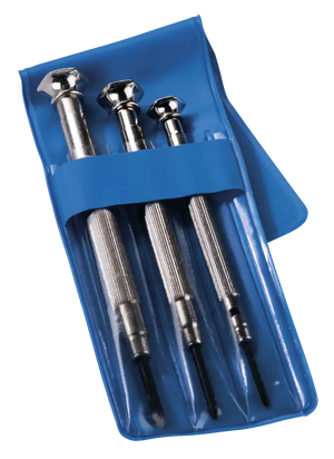 Precision screwdriver set with three metal screwdrivers in blue plastic pouch