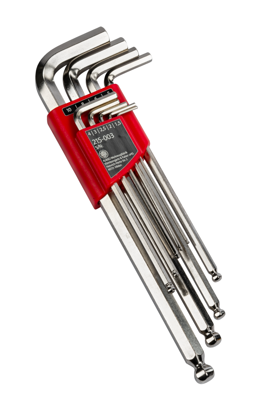 kukko 215-003 long angle screwdriver with ball head, 1,5, 2,0, 2,5, 3,0, 4,0, 5,0, 6,0, 8,0, 10,0 mm key sizes in turnus holder for operating hard-to-reach screw heads in workshops, industry, and crafts