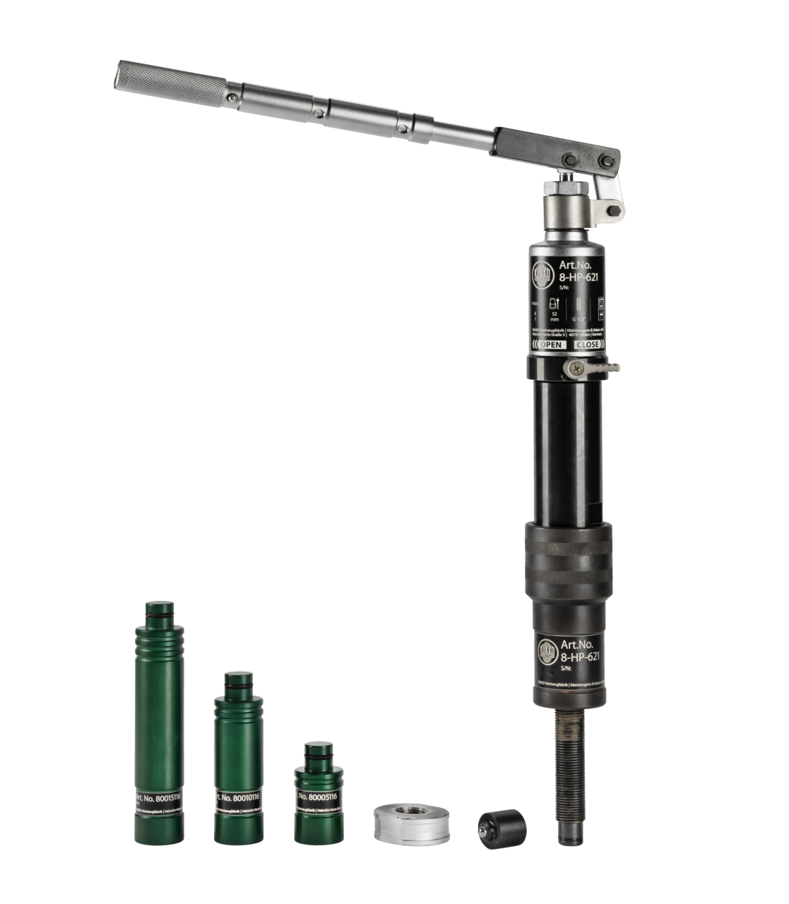 kukko 8-hp-621 hydraulic spindle with hand lever operation, up to 4 t tension force (thread size ) for pulling off particularly stubborn bearings, gears, and discs with a pulling force of up to 4 t