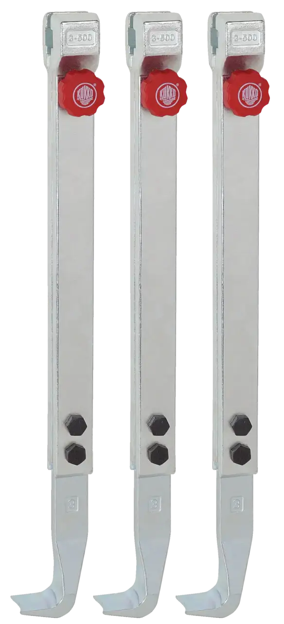 Set of three metal puller arms with red adjustment knobs and hook-shaped ends, industrial tool