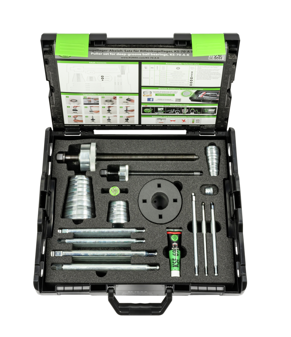 kukko ks-70-a-k universal ball bearing puller set "pullpo" for non-destructive removal of deep groove ball bearings without disassembly of the shaft in craft, indu