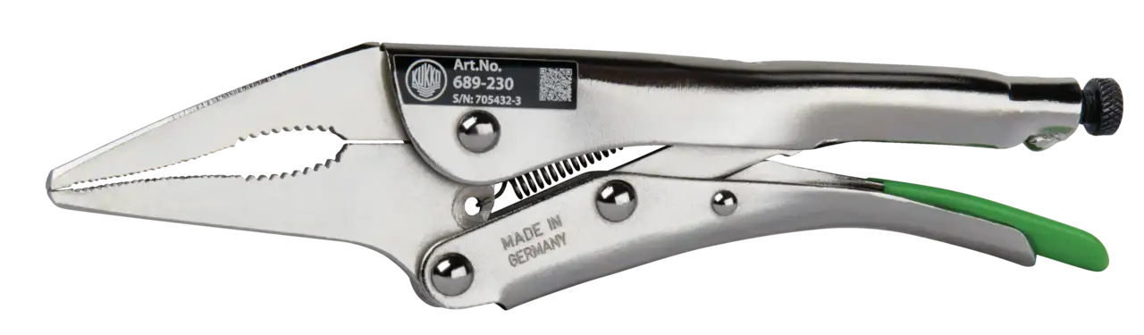 Long nose locking pliers with green handle and serrated jaws, marked Made in Germany