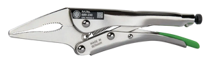 Long nose locking pliers with green handle and serrated jaws, marked Made in Germany