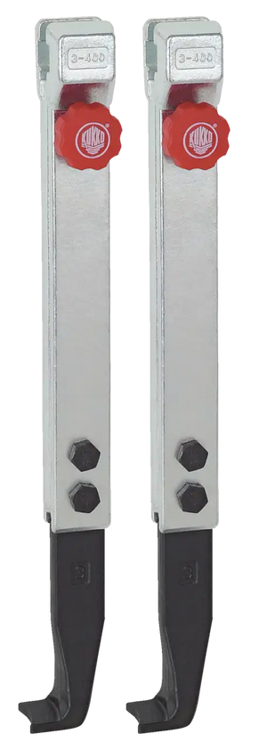 Pair of metal industrial puller arms with red adjustment knobs and black gripping ends