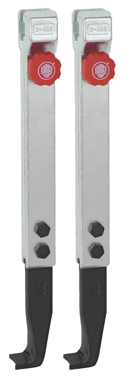 Pair of metal industrial puller arms with red adjustment knobs and black gripping ends