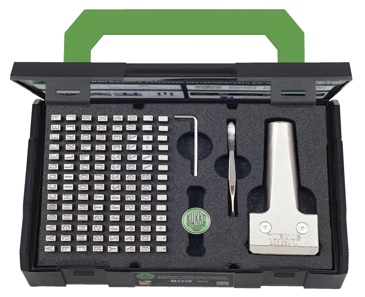 Metal stamp letter and number punch set in foam organizer case with handle